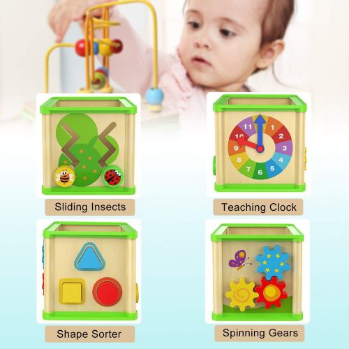  TOP BRIGHT Wooden Activity Cube Toys for 1 2 Year Old Boy Gril, One Year Old First Birthday Gift Ideas, Baby Toy 12 Months with Bead Maze Shape Sorter