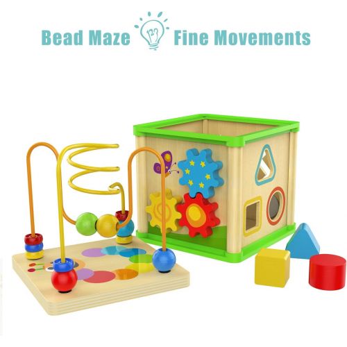  TOP BRIGHT Wooden Activity Cube Toys for 1 2 Year Old Boy Gril, One Year Old First Birthday Gift Ideas, Baby Toy 12 Months with Bead Maze Shape Sorter