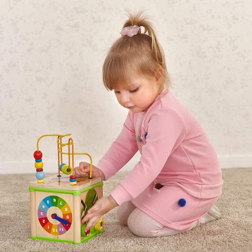  TOP BRIGHT Wooden Activity Cube Toys for 1 2 Year Old Boy Gril, One Year Old First Birthday Gift Ideas, Baby Toy 12 Months with Bead Maze Shape Sorter