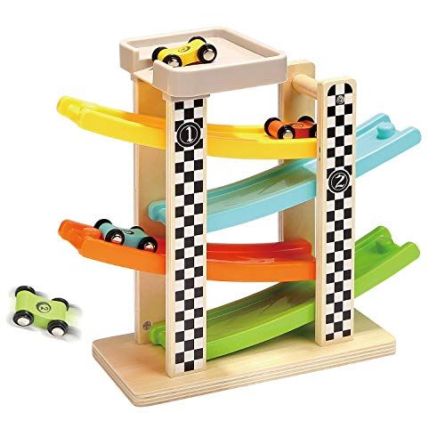  TOP BRIGHT Toddler Toys for 1 2 Year Old Boy and Girl Gifts Wooden Race Track Car Ramp Racer with 4 Mini Car