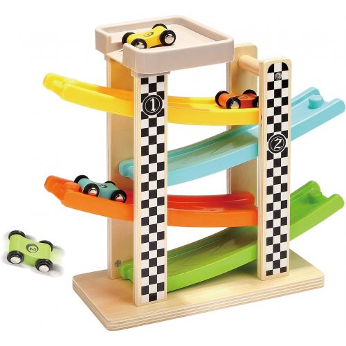  TOP BRIGHT Toddler Toys for 1 2 Year Old Boy and Girl Gifts Wooden Race Track Car Ramp Racer with 4 Mini Car