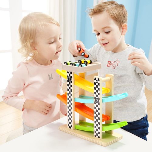  TOP BRIGHT Toddler Toys for 1 2 Year Old Boy and Girl Gifts Wooden Race Track Car Ramp Racer with 4 Mini Car