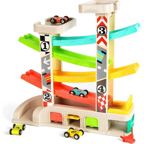  TOP BRIGHT Toddler Toys Race Track Car Gifts for 1 2 3 Year Old Boys - with Wooden Car Ramp, Parking Lot & Gas Station