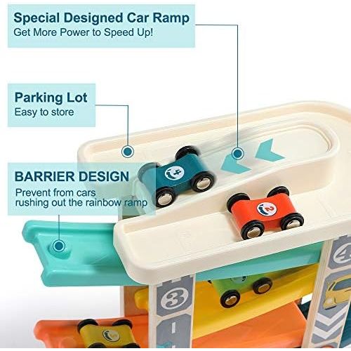  TOP BRIGHT Toddler Toys Race Track for 1-2 Years Old Boy Gifts - Baby Car Toy Car Ramp Vehicle Playsets with 4 Wooden Cars & Garage