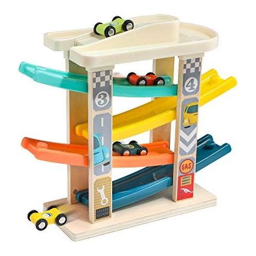  TOP BRIGHT Toddler Toys Race Track for 1-2 Years Old Boy Gifts - Baby Car Toy Car Ramp Vehicle Playsets with 4 Wooden Cars & Garage