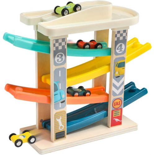  TOP BRIGHT Toddler Toys Race Track for 1-2 Years Old Boy Gifts - Baby Car Toy Car Ramp Vehicle Playsets with 4 Wooden Cars & Garage