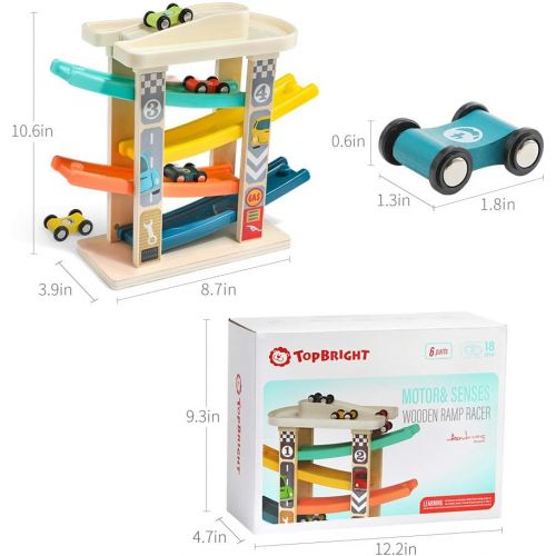  TOP BRIGHT Toddler Toys Race Track for 1-2 Years Old Boy Gifts - Baby Car Toy Car Ramp Vehicle Playsets with 4 Wooden Cars & Garage