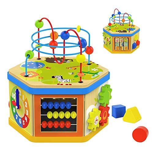  TOP BRIGHT Activity Cube Toys Baby Wooden Bead Maze Shape Sorter 7-in-1 Toys for 1 Year Old Boy and Girl Toddlers Gift