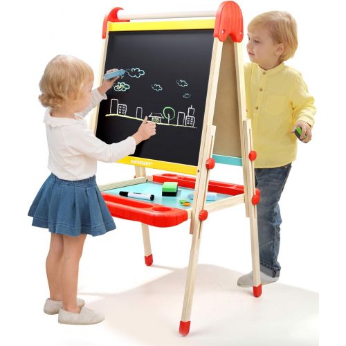  [아마존베스트]TOP BRIGHT Wooden Art Easel for Kids, Toddler Easel Adjustable with Paper Roll, Child Easel with Magnetic Chalkboard