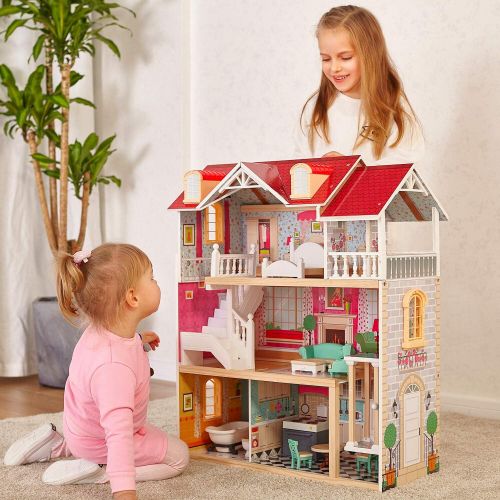  TOP BRIGHT Wooden Dollhouse with Elevator Dream Doll House for Little Girls 5 Year Olds