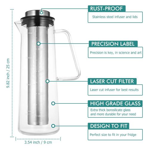  Cold Brew Iced Coffee Maker, TOP-MAX Iced Tea Maker 34 Oz Brewing Glass Carafe with Removable Stainless Steel Filter