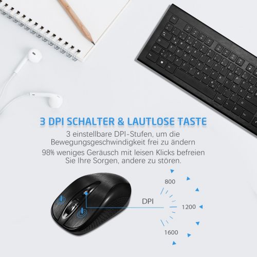  [아마존 핫딜]  [아마존핫딜]TOPELEK Tastatur Maus Set, Kabellose Ultraduenne Tastatur-Maus-Combo, Funktastatur mit Maus mit 3 stufige DPI, 2.4G Wireless Keyboard und Mouse Combo, 11m Anschlussdistanz mit USB E