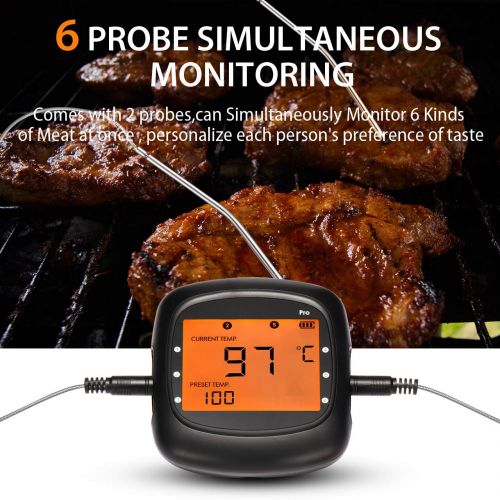  TOPELEK TopElek BBQ Thermometer Instant Read Food Cooking Large Backlit Display, One-Click Bluetooth Connection, 2 Stainless Steel Probes, Digital Meat Grilling, Kitchen, Portable, Black