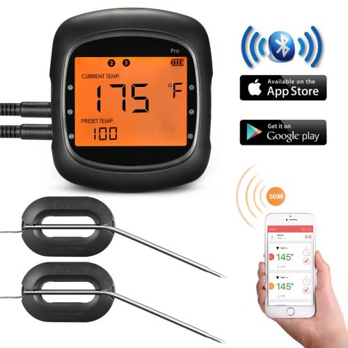  TOPELEK TopElek BBQ Thermometer Instant Read Food Cooking Large Backlit Display, One-Click Bluetooth Connection, 2 Stainless Steel Probes, Digital Meat Grilling, Kitchen, Portable, Black