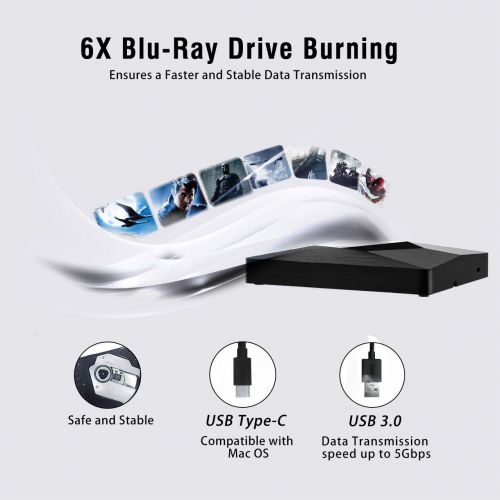  4K Blu Ray Drive, TOPELEK USB3.0 and Type-C CDDVDBD BurnerWriter, 3D 6X Blu-Ray Disc Playback, Trendy Design & Super-Fast Transmission for Windows, Mac OS Laptop, PC, Computer