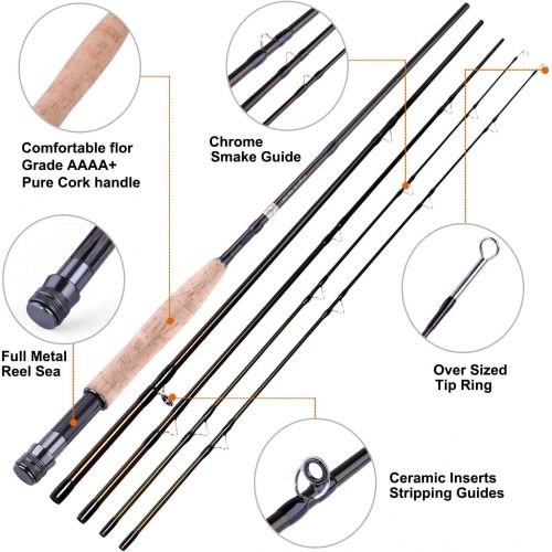  TOPFORT Fly Fishing Rod and Reel Combo Starter Kit, 4 Piece Lightweight Ultra-Portable Graphite Fly Rod 5/6 Complete Starter Package with Carrier Bag