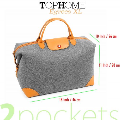  TOPHOME Large Unisexs Weekender Duffel Bag Oversized Travel Tote Luggage Bag Sports Gym Water Resistant Wool Felt with Genuine Leather Holder Gray