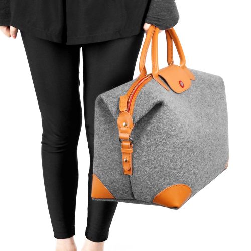  TOPHOME Large Unisexs Weekender Duffel Bag Oversized Travel Tote Luggage Bag Sports Gym Water Resistant Wool Felt with Genuine Leather Holder Gray