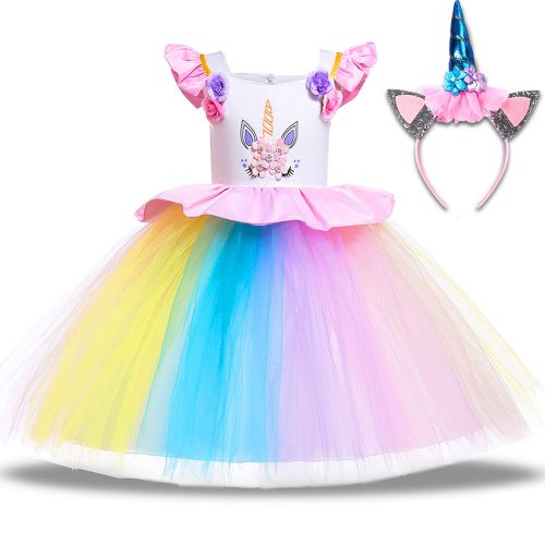  TOPLEE Toddler Girls Unicorn Dress Princess Tulle Rainbow Dress with Unicorn Headband Birthday Wedding Party Age 3-12 Tutu Dress