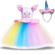 TOPLEE Toddler Girls Unicorn Dress Princess Tulle Rainbow Dress with Unicorn Headband Birthday Wedding Party Age 3-12 Tutu Dress