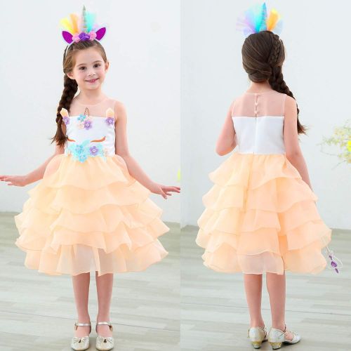  TOPLEE Toddler Girls Unicorn Dress Princess Tulle Rainbow Dress with Unicorn Headband Birthday Wedding Party Age 3-12 Tutu Dress