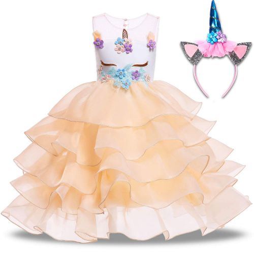  TOPLEE Toddler Girls Unicorn Dress Princess Tulle Rainbow Dress with Unicorn Headband Birthday Wedding Party Age 3-12 Tutu Dress