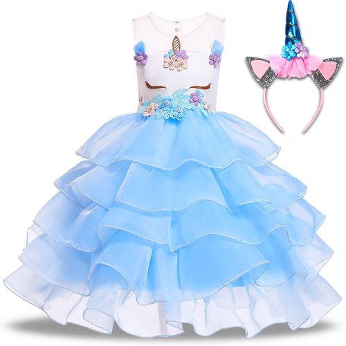  TOPLEE Toddler Girls Unicorn Dress Princess Tulle Rainbow Dress with Unicorn Headband Birthday Wedding Party Age 3-12 Tutu Dress