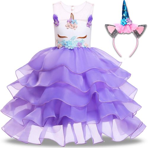  TOPLEE Toddler Girls Unicorn Dress Princess Tulle Rainbow Dress with Unicorn Headband Birthday Wedding Party Age 3-12 Tutu Dress