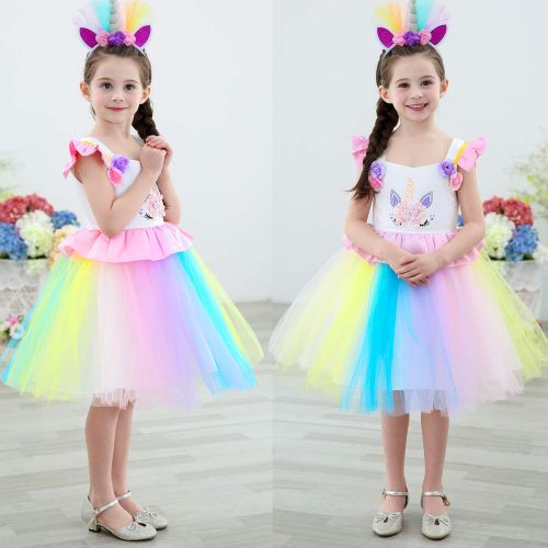  TOPLEE Toddler Girls Unicorn Dress Princess Tulle Rainbow Dress with Unicorn Headband Birthday Wedding Party Age 3-12 Tutu Dress