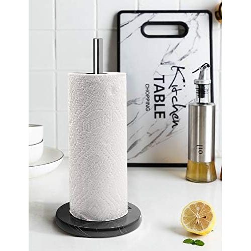  Topsky Paper Towel Holder Stand Countertop - Marble Look Kitchen Standing Rolls Towel Dispenser Stand with Weighted Base for Kitchen Table or Bathroom, Stainless Steel- Black