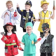 TOPTIE 6 Sets Pretend Play Halloween Costumes for 3-6 Years Old Kids, Doctor Surgeon Policeman Fire Fighter Soldier Worker