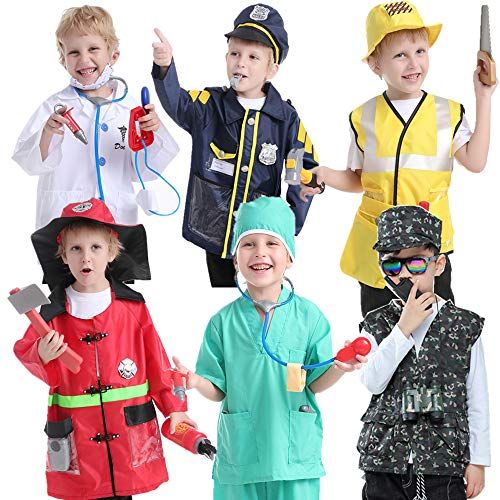  할로윈 용품TOPTIE 6 Sets Pretend Play Halloween Costumes for 3-6 Years Old Kids, Doctor Surgeon Policeman Fire Fighter Soldier Worker