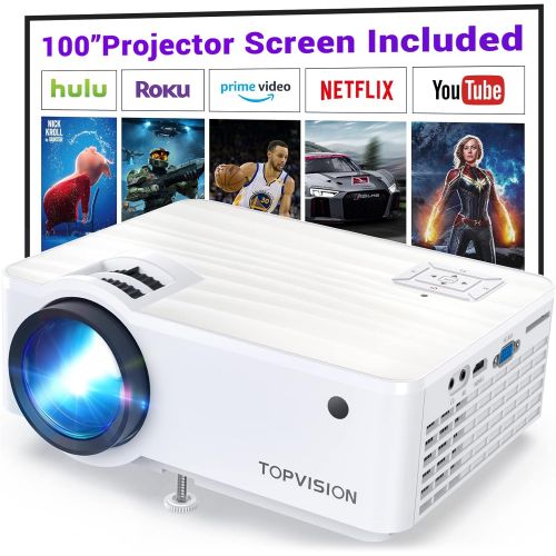  Video Projector, TOPVISION 4500L Portable Mini Projector with 100” Projector Screen, 1080P Supported, Built in HI-FI Speakers, Compatible with Fire Stick, HDMI, VGA, USB, TF, AV, P