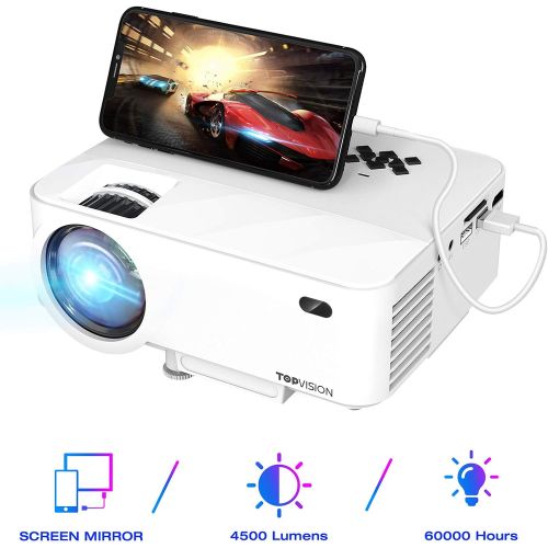  [아마존베스트]TOPVISION Mini Projector with Screen Mirroring, 4500 Lumen Home Cinema Projector Full HD 1080P Video Projector with 180 Inch Display, 60,000 Hours LCD Projector Compatible with HDM