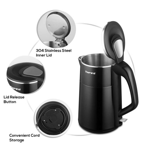  Topwit Electric Kettle Double Wall, 304 Stainless Steel Integrated Seamless Interior, 1.7L Cordless Hot Water Kettle, Coffee Kettle & Tea Pot with Auto Shut Off and Boil Dry Protec