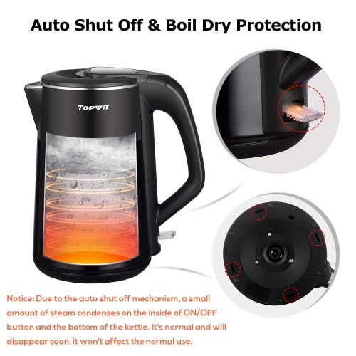  Topwit Electric Kettle Double Wall, 304 Stainless Steel Integrated Seamless Interior, 1.7L Cordless Hot Water Kettle, Coffee Kettle & Tea Pot with Auto Shut Off and Boil Dry Protec