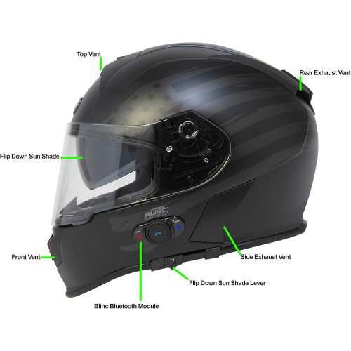  TORC Torc T14B Bluetooth Integrated Mako Full Face Helmet with Flag Graphic (Flat Black, Large)