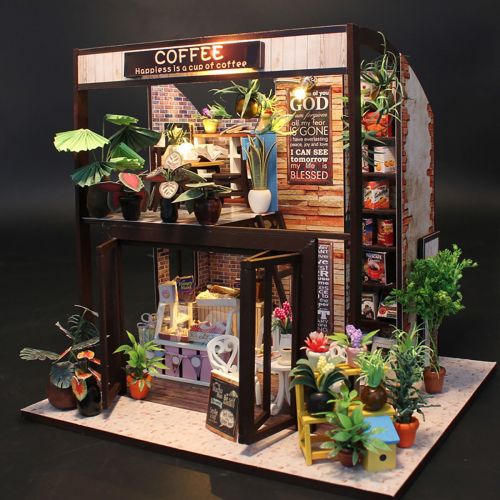  TORCH-CN DIY Dollhouse Wooden Miniature Furniture Kit Mini Cafe House with LED Best Birthday Gifts for Women and Girls (Cafe)