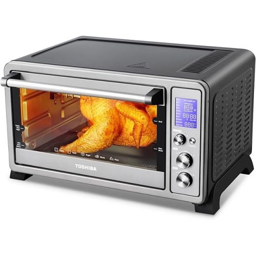  TOSHIBA AC25CEW-SS Large 6-Slice Convection Toaster Oven Countertop, 10-In-One with Toast, Pizza and Rotisserie, 1500W, Stainless Steel, Includes 6 Accessories