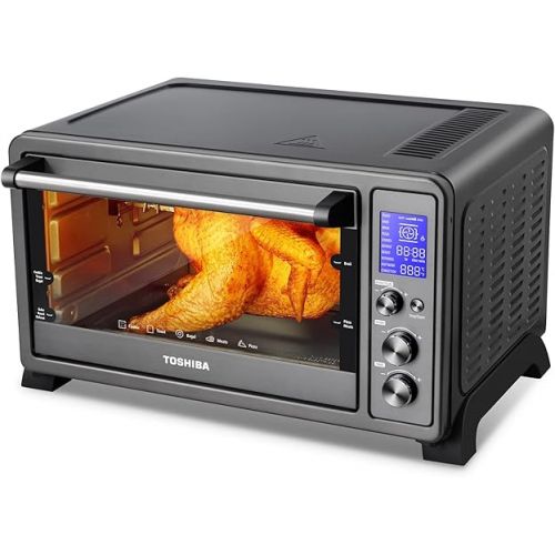  TOSHIBA AC25CEW-BS Large 6-Slice Convection Toaster Oven Countertop, 10-In-One with Toast, Pizza and Rotisserie, 1500W, Black Stainless Steel, Includes 6 Accessories