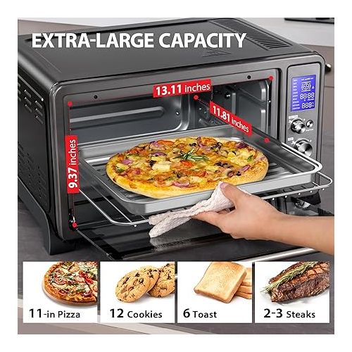  TOSHIBA AC25CEW-BS Large 6-Slice Convection Toaster Oven Countertop, 10-In-One with Toast, Pizza and Rotisserie, 1500W, Black Stainless Steel, Includes 6 Accessories