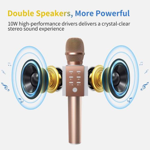  TOSING 008 Wireless Bluetooth Karaoke Microphone，Louder Volume 10W Power, More Bass, 3-in-1 Portable Handheld Double Speaker Mic Machine for iPhone/Android/iPad/PC (008, rose gold)