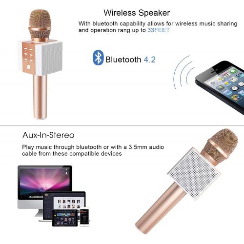  TOSING 008 Wireless Bluetooth Karaoke Microphone，Louder Volume 10W Power, More Bass, 3-in-1 Portable Handheld Double Speaker Mic Machine for iPhone/Android/iPad/PC (008, rose gold)