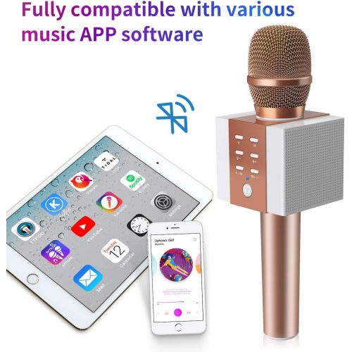  TOSING 008 Wireless Bluetooth Karaoke Microphone，Louder Volume 10W Power, More Bass, 3-in-1 Portable Handheld Double Speaker Mic Machine for iPhone/Android/iPad/PC (008, rose gold)