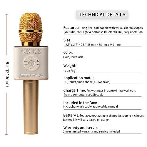  TOSING 04 Wireless Karaoke Microphone Bluetooth Speaker 2-in-1 Handheld Sing & Recording Portable KTV Player Home KTV Music Machine System for iOSAndroid SmartphoneTablet,Gold