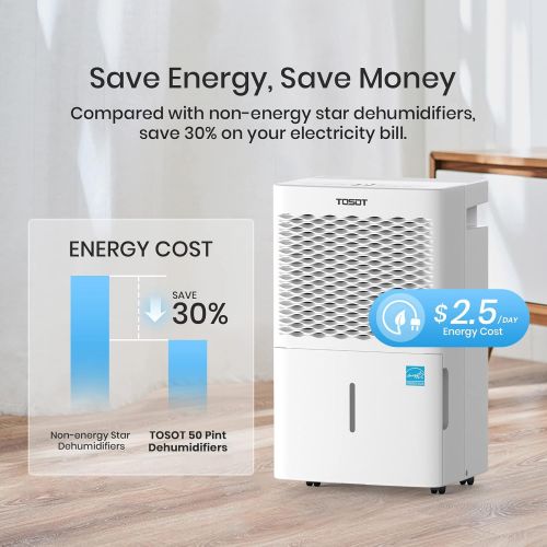  TOSOT 50 Pint 4,500 Sq Ft Dehumidifier Energy Star - for Home, Basement, Bedroom or Bathroom - Super Quiet (Previous 70 Pint)
