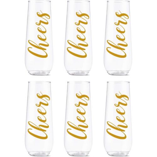  [아마존베스트]TOSSWARE POP 9oz Flute Cheers Series, SET OF 6, Recyclable, Unbreakable & Crystal Clear Plastic Printed Champagne Glasses