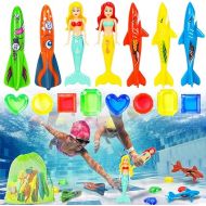 TOY Life 16Pcs Swimming Pool Dive Toys for Kids Swim Toys for Kids Practice Diving Swimming Toys with Pool Torpedo Gliding Shark Pool Mermaid Toys Underwater Diving Game Water Games for Boys and Girls