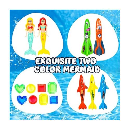  TOY Life 16Pcs Swimming Pool Dive Toys for Kids Swim Toys for Kids Practice Diving Swimming Toys with Pool Torpedo Gliding Shark Pool Mermaid Toys Underwater Diving Game Water Games for Boys and Girls