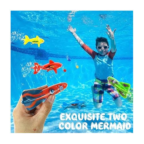  TOY Life 16Pcs Swimming Pool Dive Toys for Kids Swim Toys for Kids Practice Diving Swimming Toys with Pool Torpedo Gliding Shark Pool Mermaid Toys Underwater Diving Game Water Games for Boys and Girls